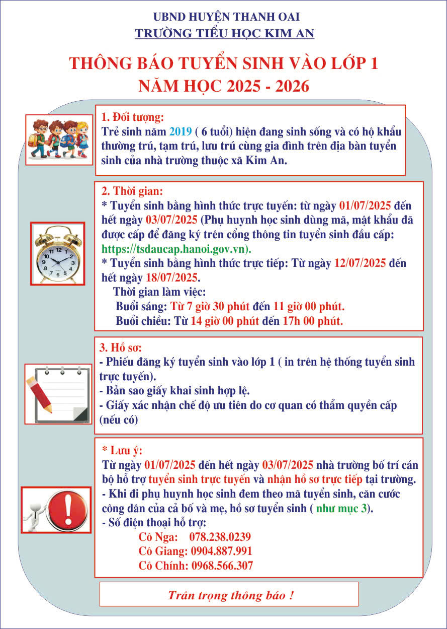 THÔNG BÁO TUYỂN SINH LỚP 1 NĂM HỌC 2025 - 2026